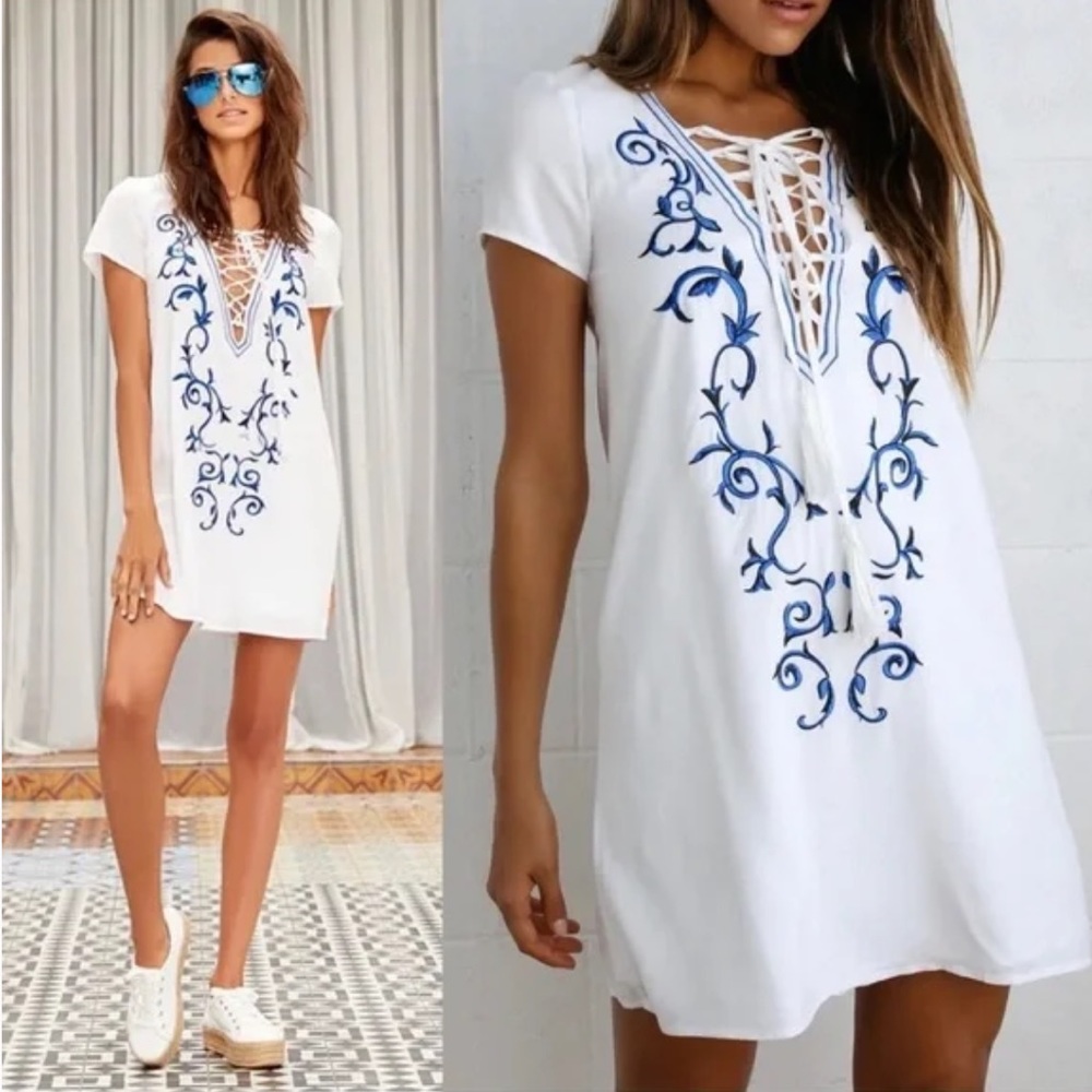 Lulu’s white and blue embroidered dress
